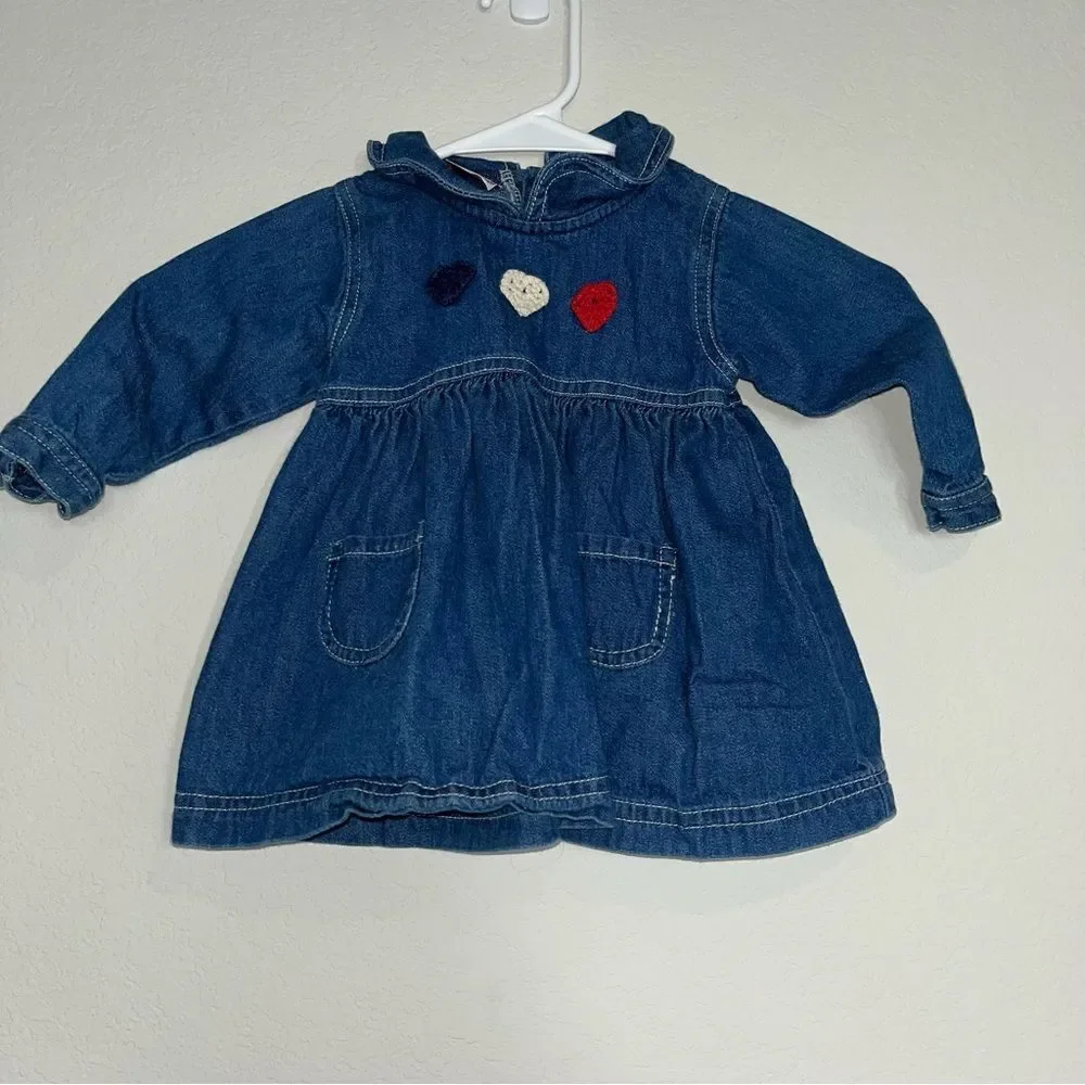 Vintage Mayfair Baby Girls Size 12 mo. Denim Dress Crochet Hearts Preppy Cowgirl